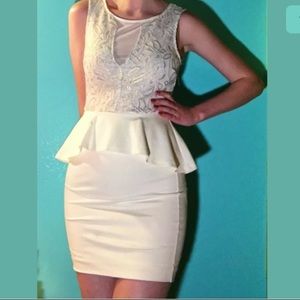 Bebe White Peplum Cocktail Dress With Gold Lace